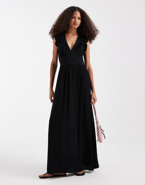 Vero Moda - Easy Joy - Midi jurk met diepuitgesneden voorkant en ruches op de schouders in zwart - view 1