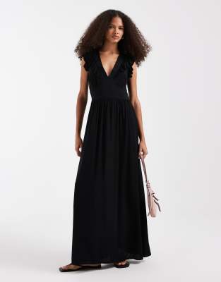 Vero Moda Easy Joy ruffle shoulder plunge front midi dress in black