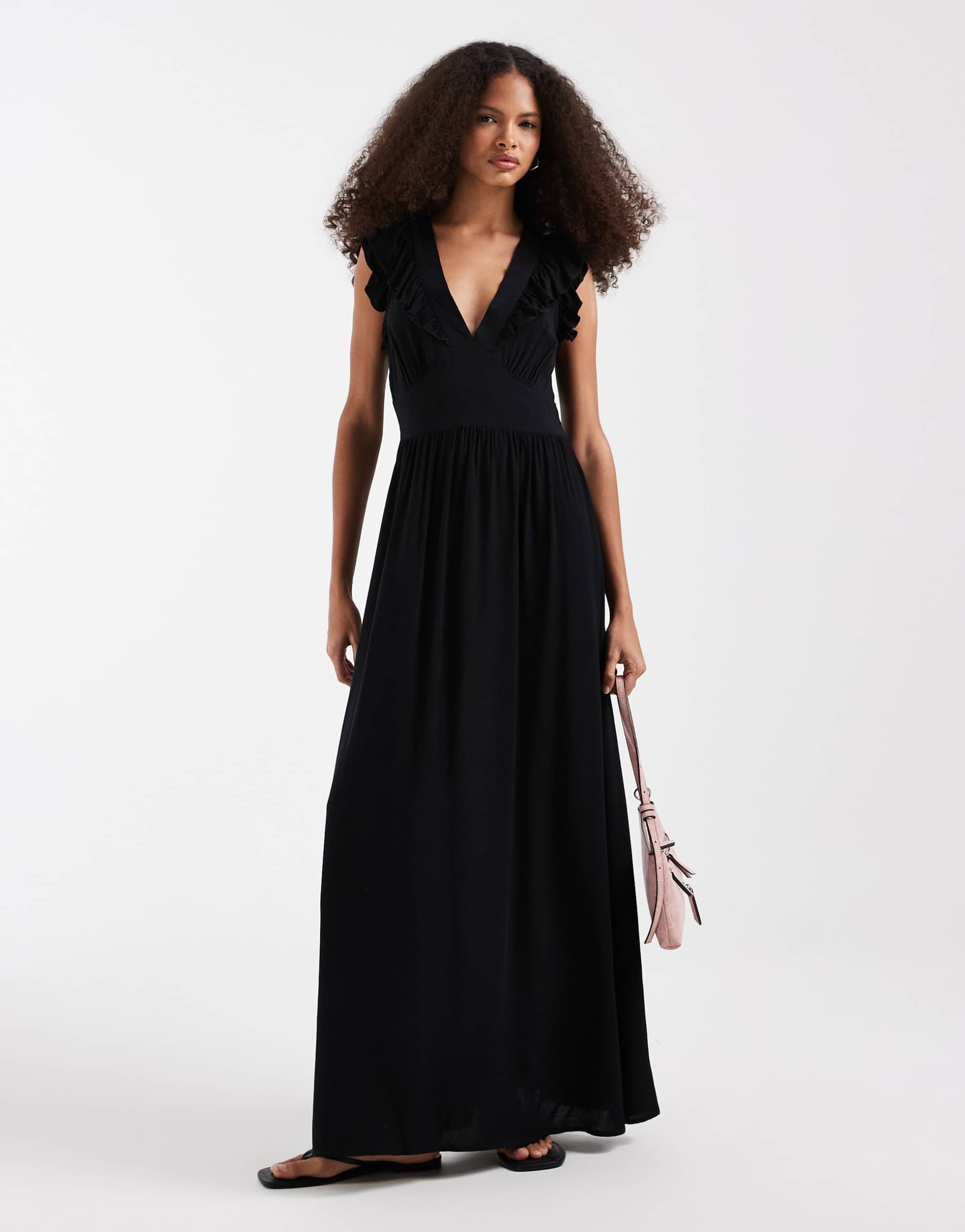 vero moda easy joy ruffle shoulder plunge front midi dress in black