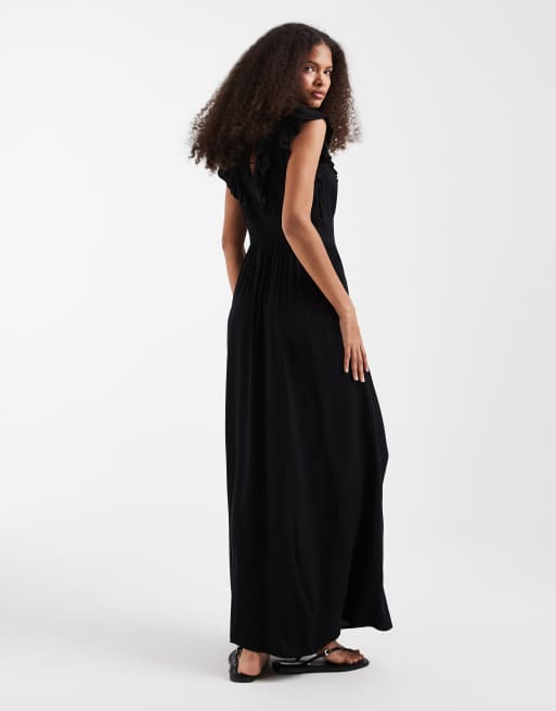 Vero Moda Easy Joy ruffle shoulder plunge front midi dress in black, 4 of 4