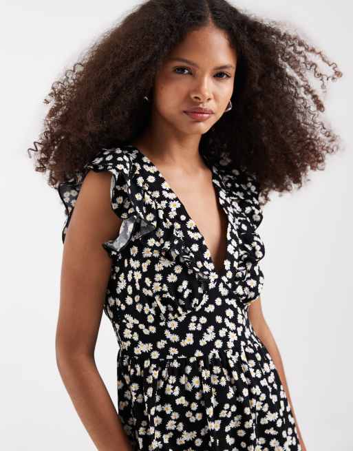 Vero Moda - Easy Joy - Sort midikjole med flæseskuldre og dyb udskæring foran i småblomstret margueritprint, 3 af 4