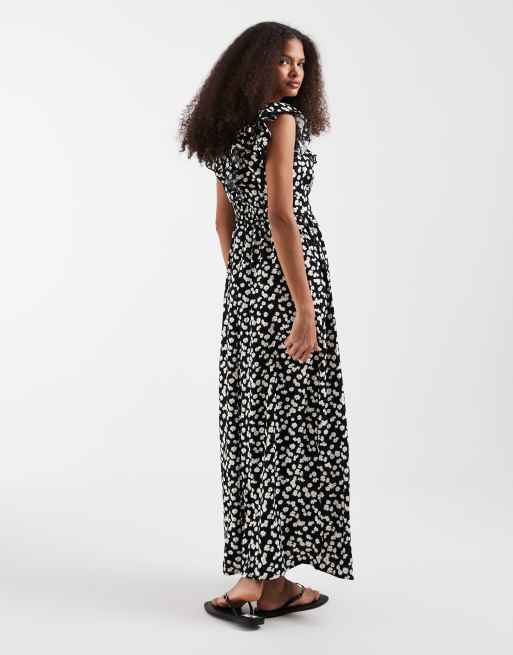 Vero Moda - Easy Joy - Sort midikjole med flæseskuldre og dyb udskæring foran i småblomstret margueritprint, 4 af 4