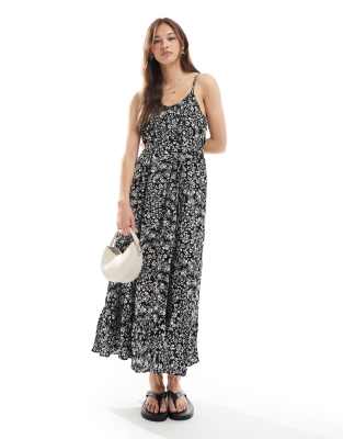 Vero Moda - Easy - Knöchellanges Trägerkleid in Schwarz mit Blümchenmuster