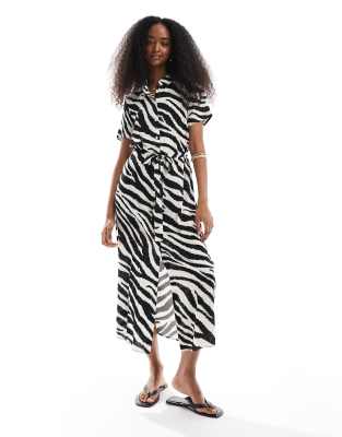 Easy - Robe chemise longue et boutonnée - Imprimé à zébrures-Blanc S