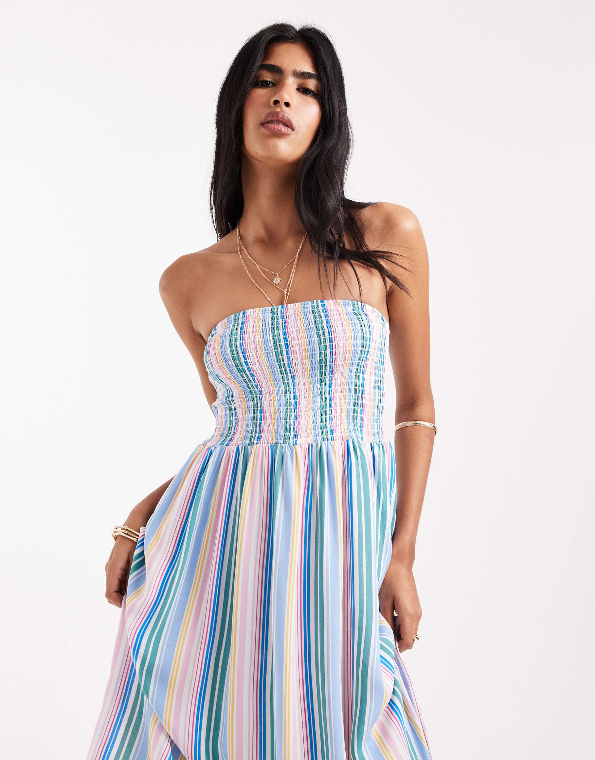 vero moda easy shirred cami ankle dress in candy stripe