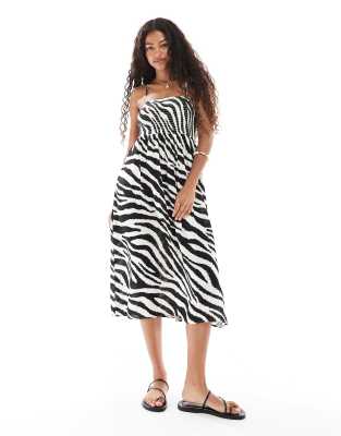 Easy shirred cami ankle dress in zebra print-White