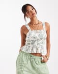 [Vero Moda] Vero Moda Easy smocked sleeveless top in conversational sea print-Green S GREEN SHELL