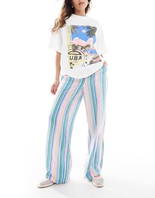 easy tie waist wide leg pants in candy stripes-White