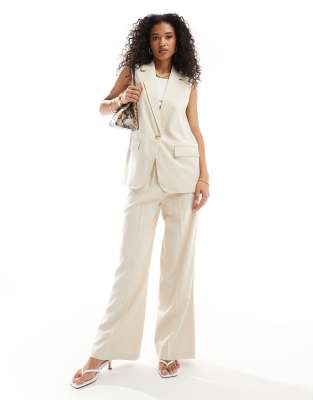 elasticated waist wide leg pants in cream - part of a set-White