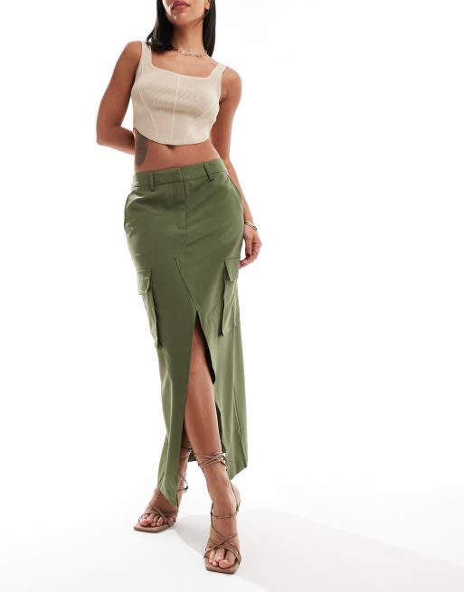 Vero Moda – Elegancka spódnica midi w kolorze khaki z kieszeniami, 3 z 5