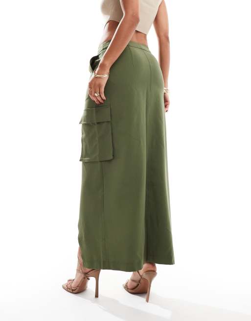 Vero Moda – Elegancka spódnica midi w kolorze khaki z kieszeniami, 4 z 5