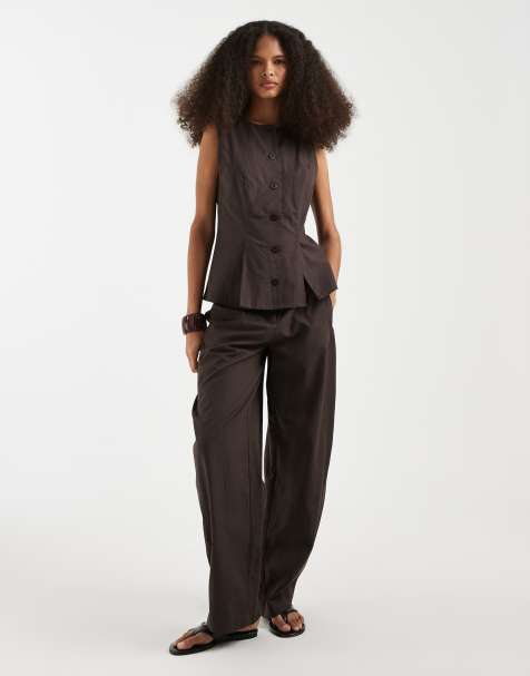 Vero Moda - Elegante broek met linnenlook en wijde ronde pijpen in chocoladebruin, deel van co-ord set - view 1