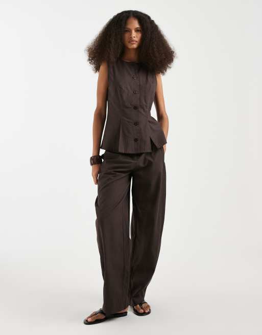 Vero Moda - Set van elegant gilet en broek met ballonpijpen en linnenlook in chocoladebruin, 3 van 3