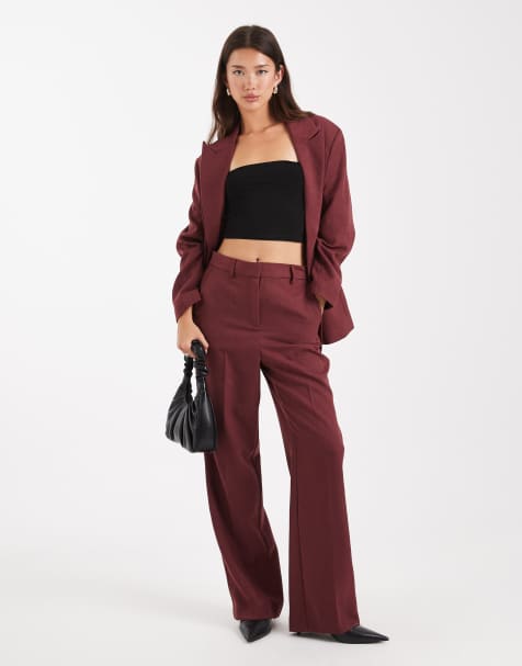 Vero Moda – Elegante Hose in Burgunderrot mit weitem Bein und Fischgrätmuster, Kombiteil - view 1