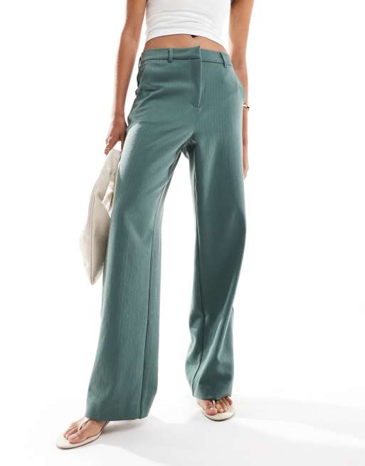 Vero Moda – Elegante Hose in dunklem Waldgrün mit Fischgrätmuster und weitem Bein, Kombiteil, 4 von 5