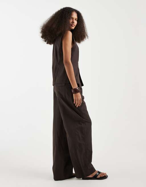 Vero Moda – Elegante Hose in schokobrauner Leinenoptik mit weitem, abgerundetem Schnitt, Kombiteil, 3 von 5
