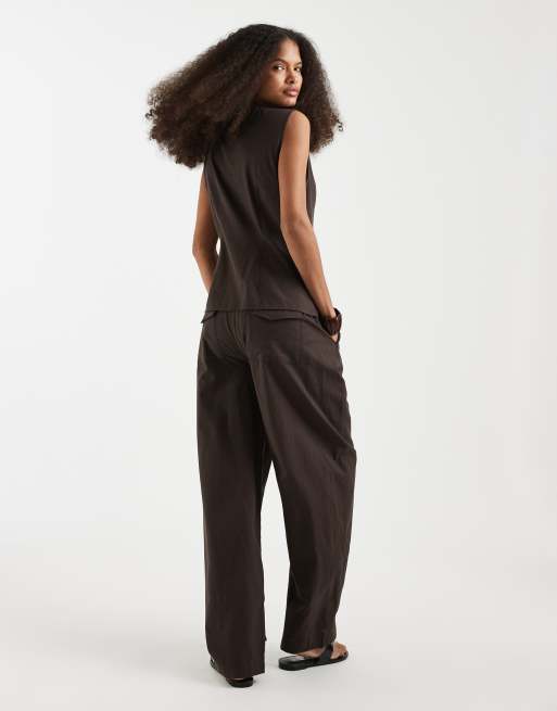 Vero Moda – Elegante Hose in schokobrauner Leinenoptik mit weitem, abgerundetem Schnitt, Kombiteil, 5 von 5