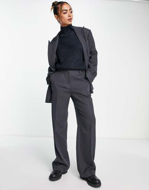 Vero Moda – Elegante Hose mit weitem Bein und Fischgrätenmuster in Grau, Kombiteil - view 1
