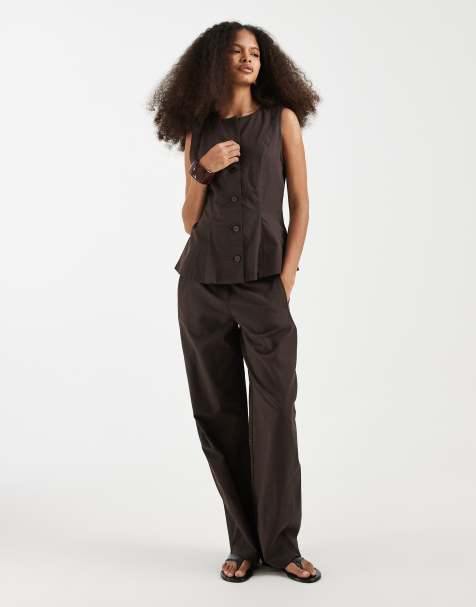 Vero Moda – Elegantes Set in schokobrauner Leinenoptik, bestehend aus Weste und Barrel-Leg-Hose - view 1