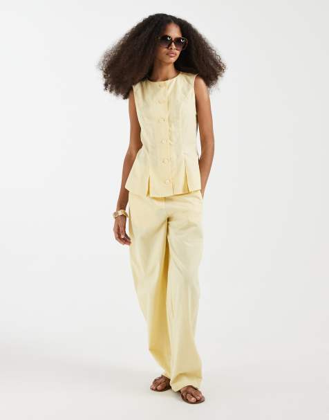 Vero Moda - Ensemble aspect lin avec gilet de tailleur ajusté et pantalon large - Jaune banane - view 1