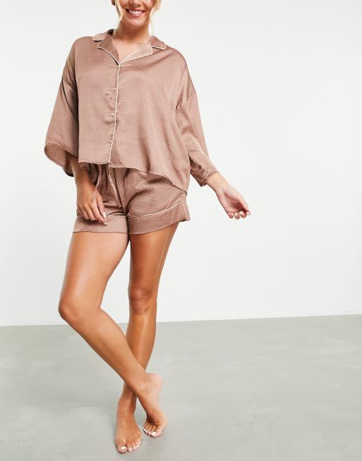 Vero Moda - Ensemble de pyjama short en satin à pois et liseré - Moka, 4 de 4