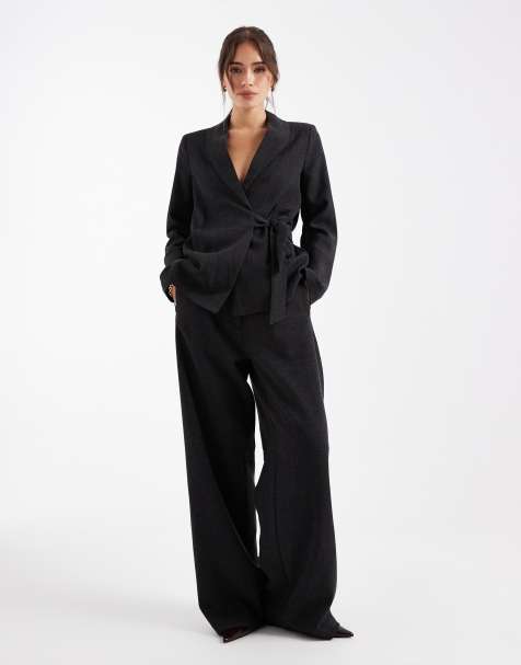 Vero Moda - Ensemble élégant avec blazer noué sur le côté et pantalon ample - Gris foncé chiné - view 1