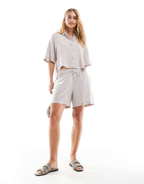 Vero Moda - Ensemble en aspect lin avec short noué à la taille et chemise courte coupe carrée - Pierre de lune - view 1