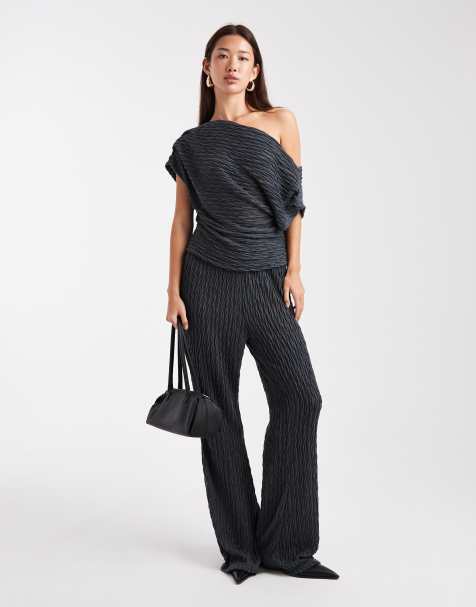 Vero Moda - Ensemble en jersey texturé avec top à épaules dénudées et pantalon ample - Gris - view 1