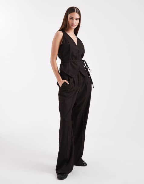 Vero Moda - Ensemble pantalon ample à fronces et gilet de tailleur noué devant à taille cintrée - Chocolat - view 1