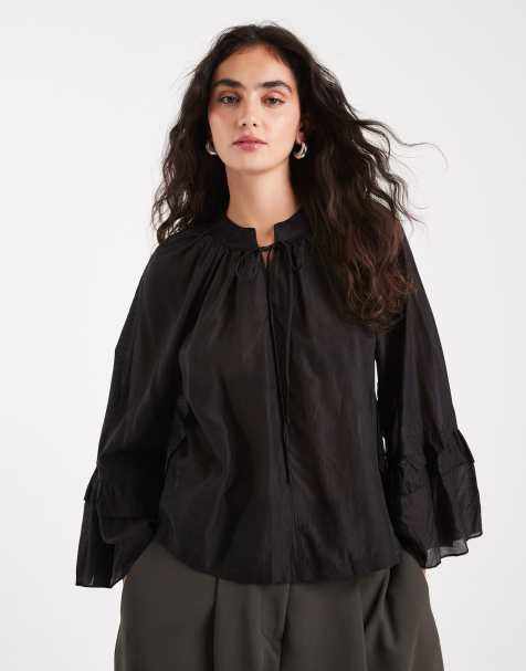 Vero Moda exaggerated sleeve ruffle detail boho blouse in black - view 1