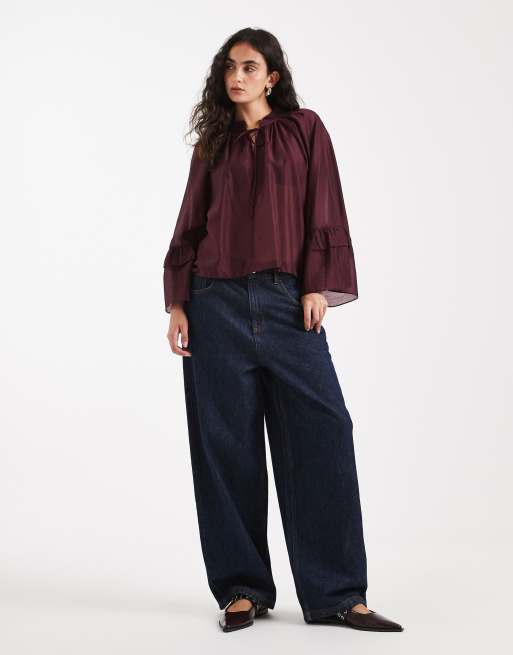 Vero Moda exaggerated sleeve ruffle detail boho blouse in burgundy, 2 of 4