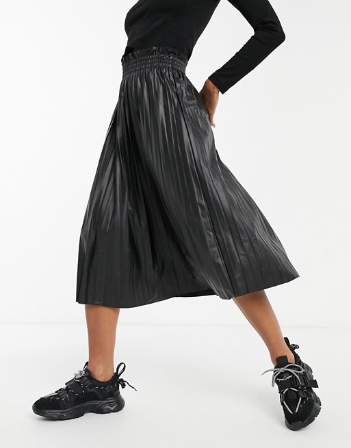 Vero Moda exclusive pleated leather look midi skirt in black