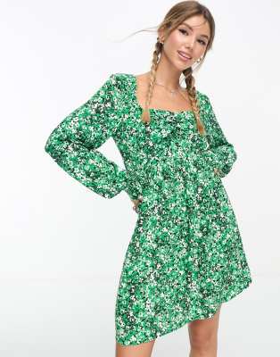 exclusive ruched front mini dress with long sleeves in floral-Green
