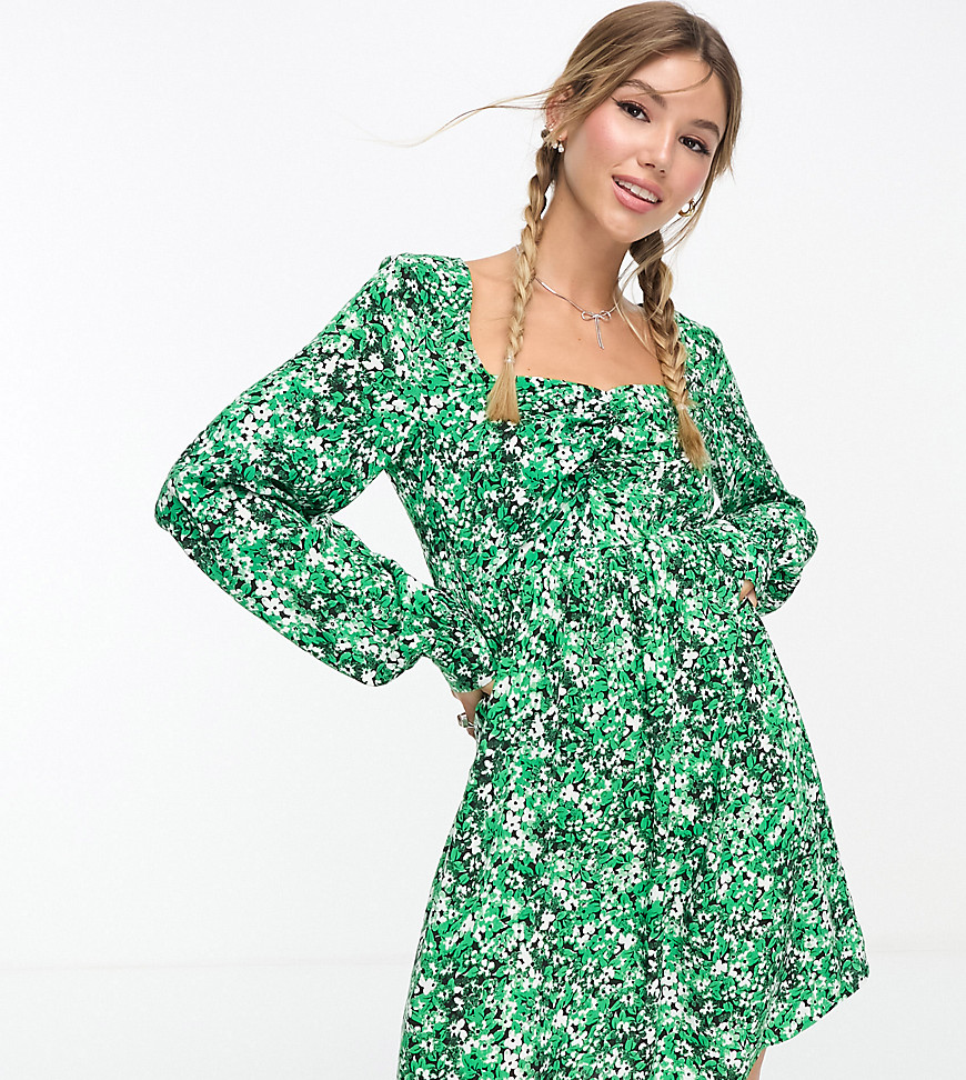 Vero Moda exclusive ruched front mini dress with long sleeves in floral-Green