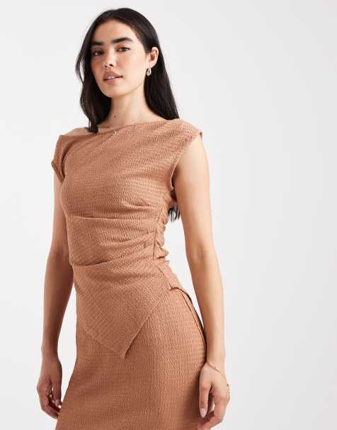 Vero Moda textured jersey asymmetric detail drape top co-ord in mocha