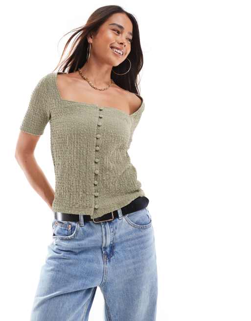 Vero Moda – Fakturowany dżersejowy top z dekoltem karo w kolorze khaki