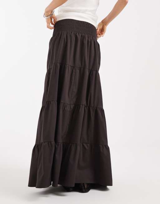 Vero Moda - Falda larga marrón chocolate escalonada de estilo boho con cintura fruncida, 3 de 5