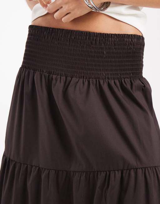 Vero Moda - Falda larga marrón chocolate escalonada de estilo boho con cintura fruncida, 4 de 5