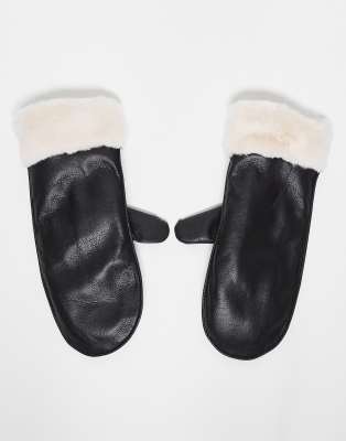 Vero Moda - Fäustlinge aus Kunstleder in Schwarz mit Kunstpelzbesatz