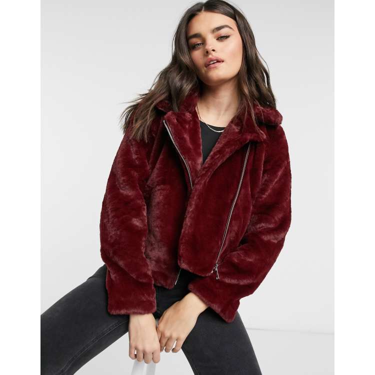 Vero Moda faux fur biker jacket in red