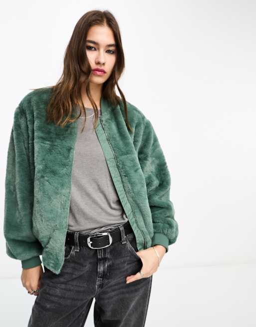 Green fur bomber jacket best sale