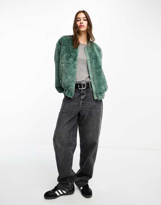 Green fur bomber outlet jacket