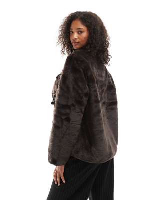 Vero Moda Faux Fur Jacket With Toggle Closure In Brown