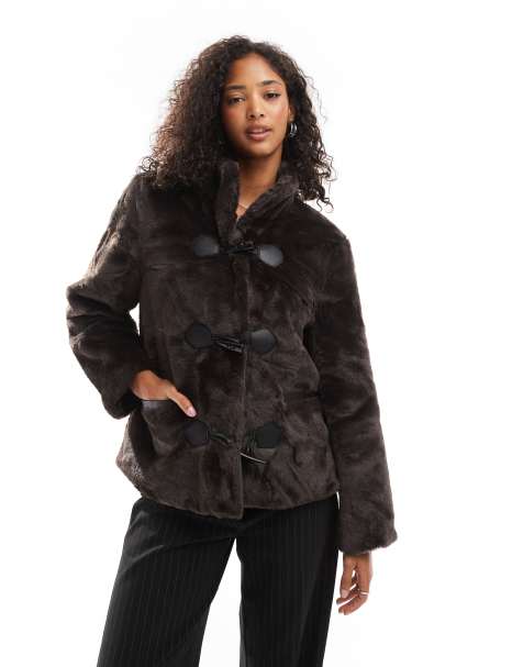 Vero Moda faux fur jacket with toggle fastening in chocolate brown - view 1