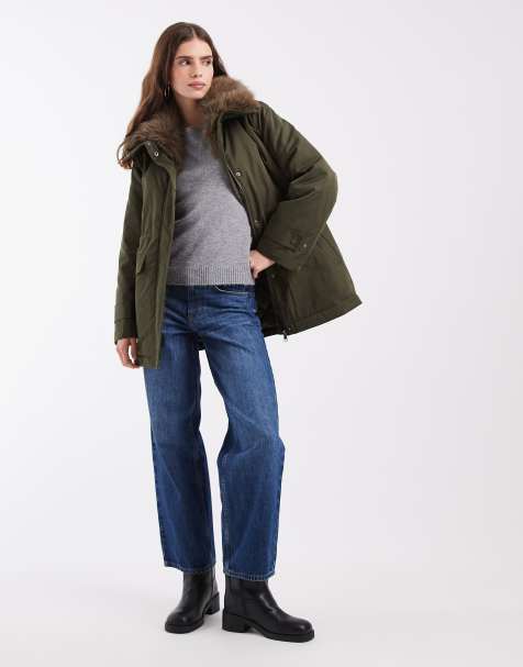 Vero Moda faux fur lined parka jacket with drawstring waist in dark green - view 1