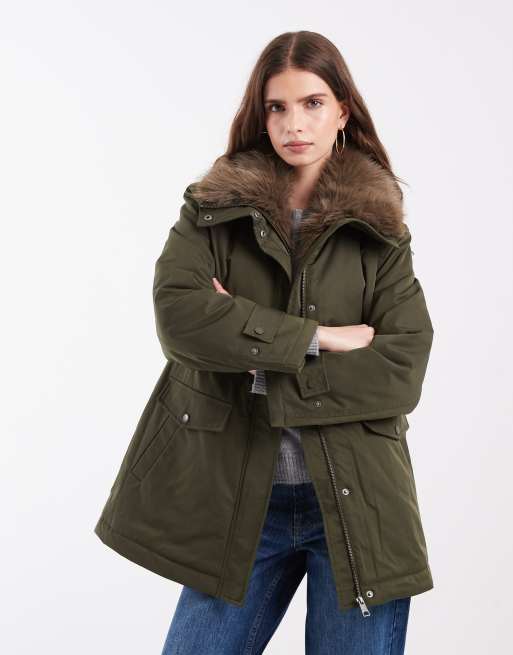 Vero Moda faux fur lined parka jacket with drawstring waist in dark green, 2 of 4