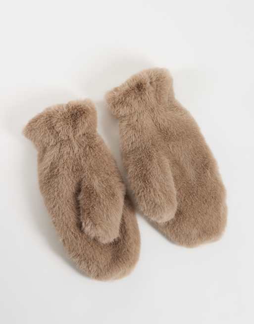 Vero Moda faux fur mittens in neutral, 3 of 3