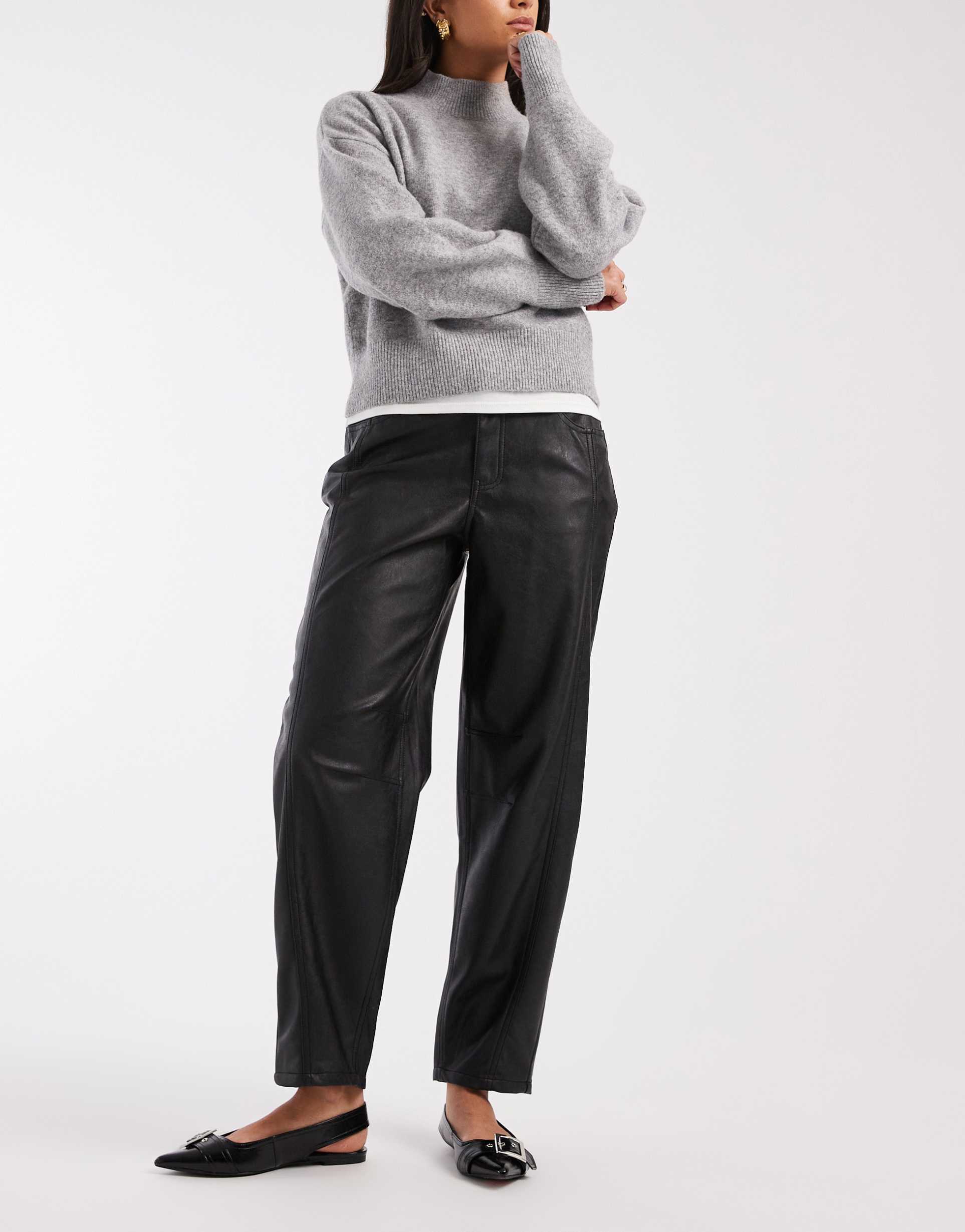 vero moda faux leather barrel leg pants in black