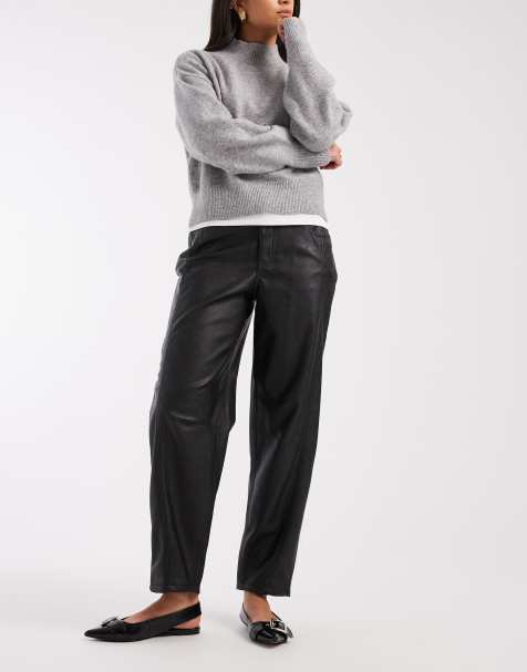 Vero Moda faux leather barrel leg trouser in black