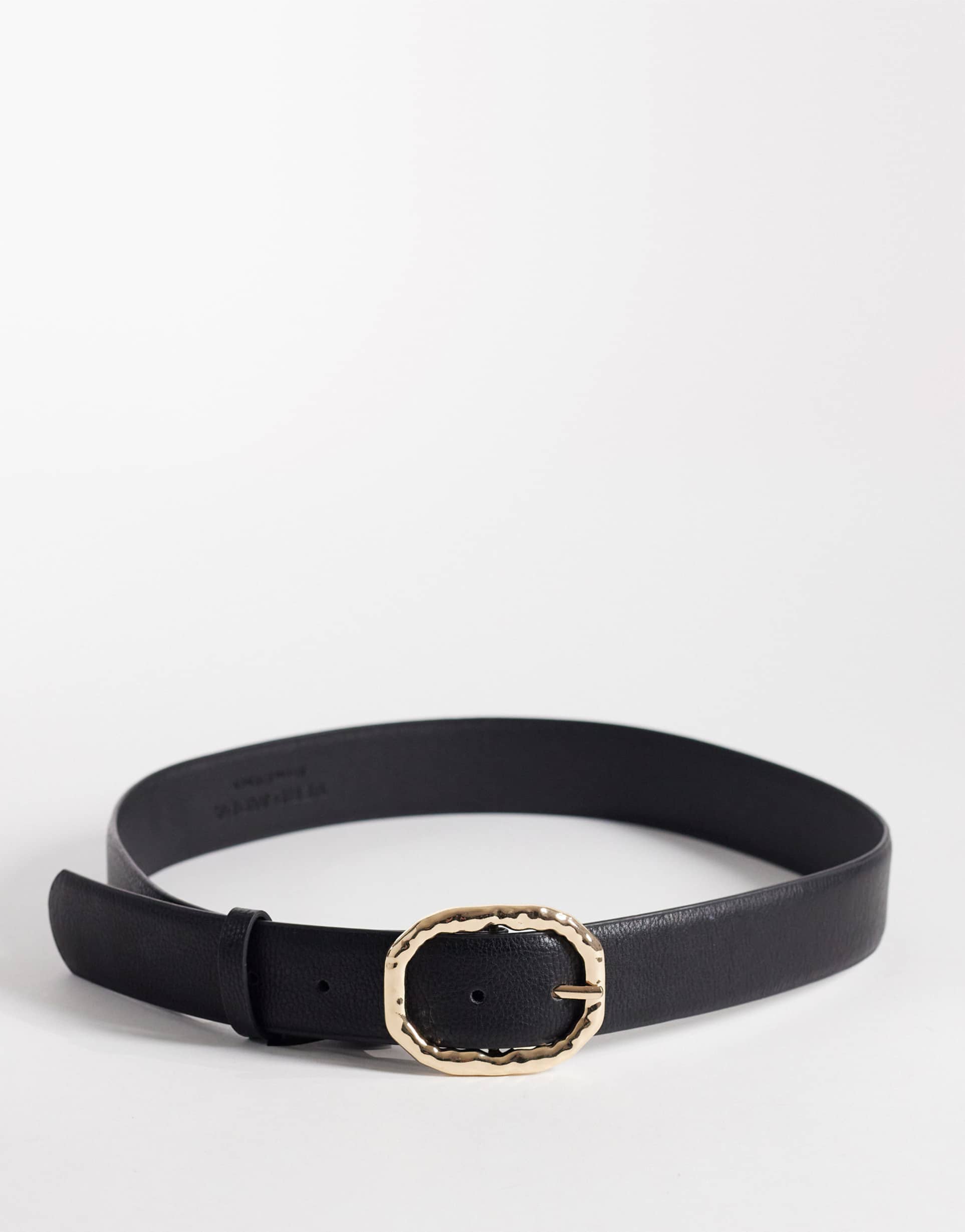 vero moda faux leather belt with gold-tone hammered metal buckle in black
